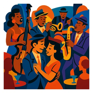 1940s jazz nightclub scene, vibrant toon style, energetic colors, no text sticker