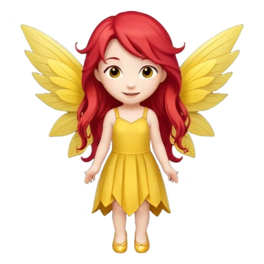 fairy with long red hair, yellow wings, yellow dress, happy, chibi full body sticker
