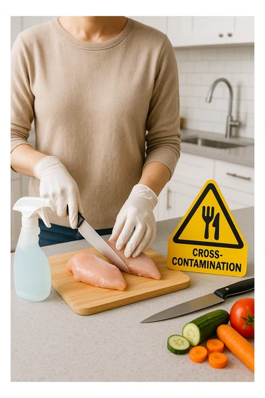 a person in a modern kitchen handles raw chicken breasts on a cutting board, wearing disposable gloves. Nearby, a bottle of disinfectant spray, a separate knife for vegetables, and a warning sign about cross-contamination are clearly visible. The mood is educational, emphasizing safe food handling. sticker