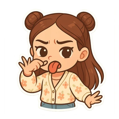 Create a chibi sticker of the girl from the reference image. She has brown straight hair in double buns, brown eyes, wearing a pastel floral cardigan and jeans. She is sticking out her tongue and waving her hand in front of her nose with a disgusted expression. The sticker should have a white outline and a transparent background, 512x512px. sticker