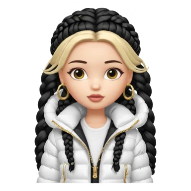 generate a pretty bratz girl with a WHITE puffer jacket, hoops, long braided hair black sticker