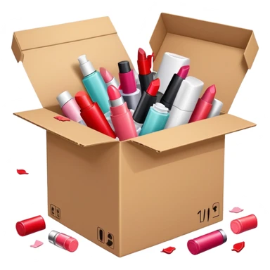 cardboard box bursting open with lipsticks, shampoo, and nail polish scattered everywhere, symbolizing disorganization sticker