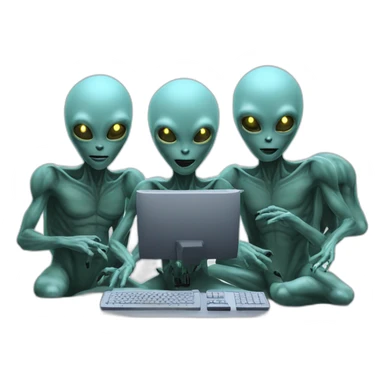 4 aliens sitting in front of a computer sticker