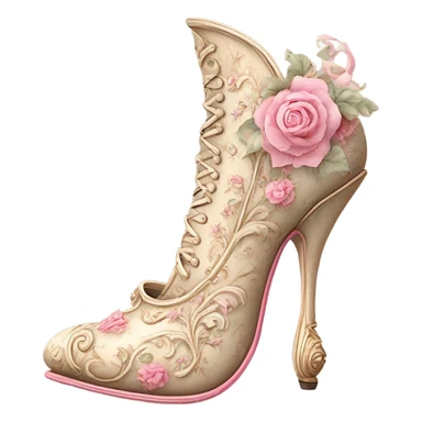 Realistic, detailed rococo shoe, beige and pink sticker