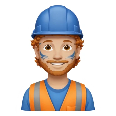 construction worker man ginger curly hair, blue helmet and face tattoo sticker