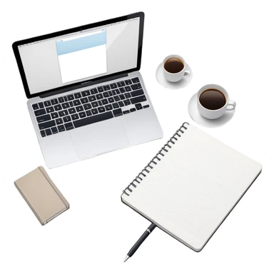 top view of a MacBook and a notebook with a pen nearby, different arrangement sticker