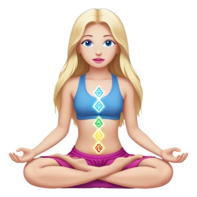 Cinematic realistic blonde with long hair, blue eyes and pink lips, meditating, her seven chakras glowing sticker