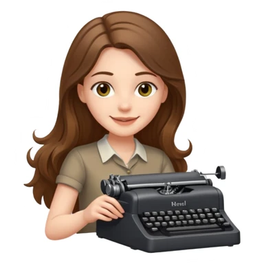 smiling white long brunette hair girl with hazel eyes laying typing on a typewriter sticker