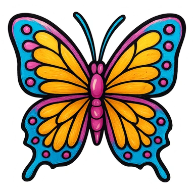 Make this butterfly icon have a variety of vibrant shades like the original image, but with a subtle metallic rose gold nuance and reflective highlights. Keep the color variation and add a gentle metal effect, on transparent background. sticker