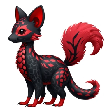 Feral Rare Fantasy shiny soft fuzzy furry vibrant tropical obsidian-black and crimson-red Vernid-Trico-species-creature by LiLaiRa, random markings, tufted tail, tufted ears, full body with markings sticker