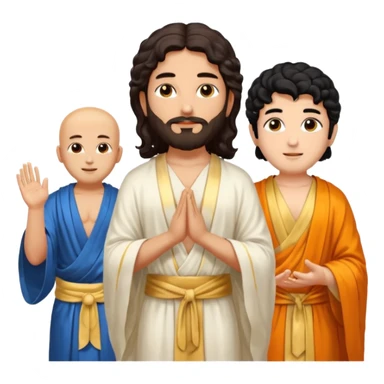 Create a Jesus, Krishna, and Buddha standing together. Jesus: long wavy dark-brown hair, short beard, wearing a simple white robe. 

 sticker