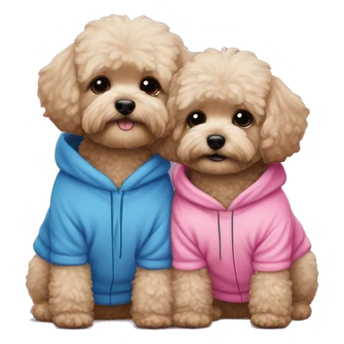 2 dark maltipoo dogs hugging, one wearing a pink sweatshirt and the other wearing a blue sweatshirt sticker