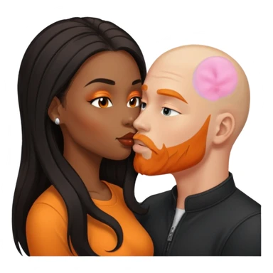 ebony black women with long balayage brown/black hair.  She is kissing bald white man. The White man is pale has orange facial hair sticker