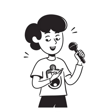 enthusiastic musician with wide smile holding microphone and pen, energetic expression sticker