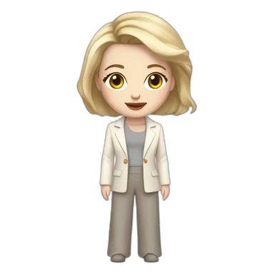 pale skin woman with ash blonde Straightened bob Hair, White Spacious classical jacket, beige palazzo Arrow pants and gray blouse holding a MacBook in the hands sticker