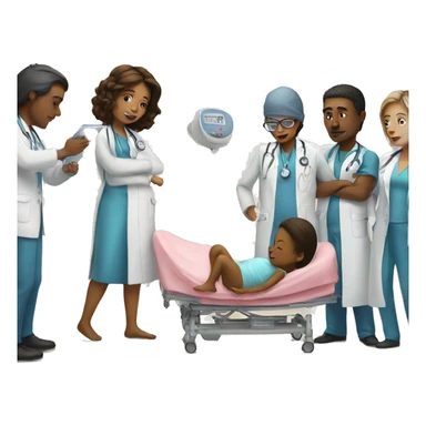 a woman gives birth and doctors stand nearby sticker