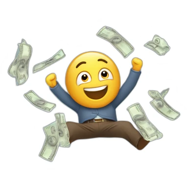 chico festejando estirando los brazos hacia arriba feliz, con billetes volando sticker