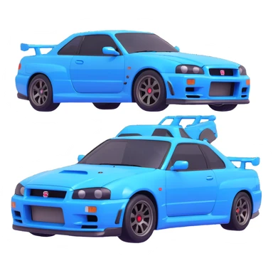 Brian's Nissan Skyline GTR R34 from Fast and Furious, 3D style, chrome body with blue stickers, car alone sticker