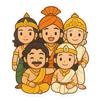 Pach Pandav, the five Pandava brothers from Indian mythology, depicted together in a friendly, iconic group pose, vibrant and recognizable, suitable for an emoji or sticker sticker