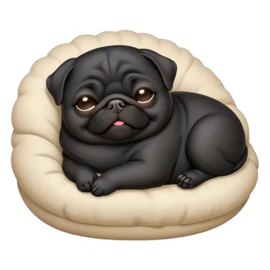 Cinematic Meme-Worthy Chubby Sleeping Black Pug Portrait Emoji, Head resting peacefully with a contented smile, showcasing a delightfully chubby build and a luxuriously soft black coat, eyes shut in a serene nap, Simplified yet hilariously adorable features, highly detailed, glowing with a soft, drowsy light, high shine, relaxed and utterly lovable, stylized with an air of playful laziness, bright and heartwarming, soft glowing outline, capturing the essence of a comically sleepy companion, so meme-worthy it feels like it could instantly become the next viral sensation of adorable slumber! sticker