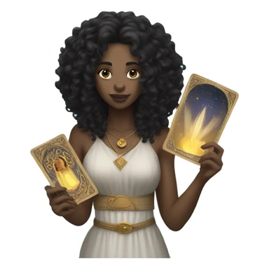 A white women with black curly hair holding tarot cards sticker