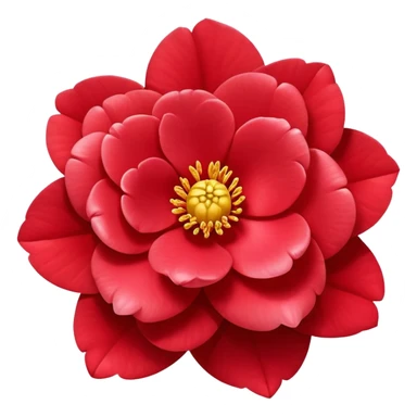 simple red camellia flower with exactly five overlapping petals and yellow center sticker