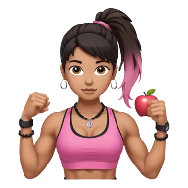 Caramel skinned toned female with a black messy ponytail for hair. Her eyes are a coffee color brown and almond shaped. She’s wearing a pink sports bra and showing off her big muscular toned biceps. She’s not holding anything in her hands but she wears a rosary necklace and an Apple Watch. sticker