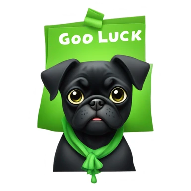 Black pug holding a green sign that says good luck  sticker