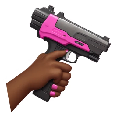 brown hand with pink nails holding large scary dark nerf gun sticker