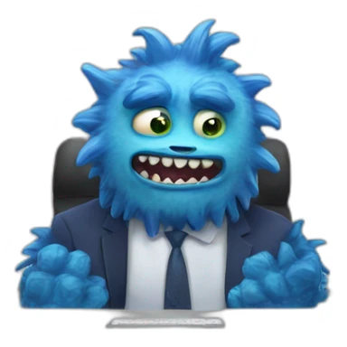 blue confident monster in the office sticker