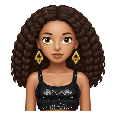 Solange with dark brown long hair, black sequin crop top and skirt sticker