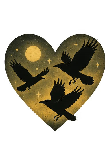 heart with yellow night sky and dark ravens, remove background sticker