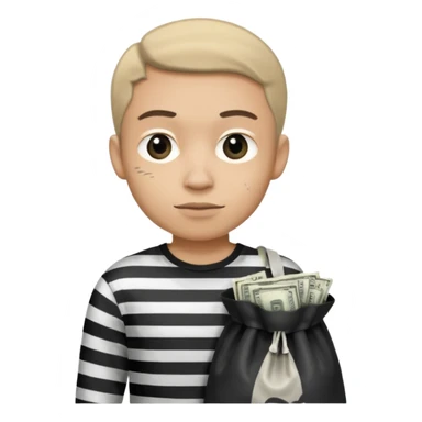 Un ladrón con camisa de rayas blancas y negras mirando hacia la frente con una bolsa de dinero  sticker