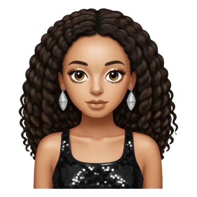 Solange with long dark brown hair, black sequin crop top, black sequin pants sticker