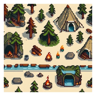 forest camping tile set with trees, tent, campfire, logs, river, rocks, and bushes sticker