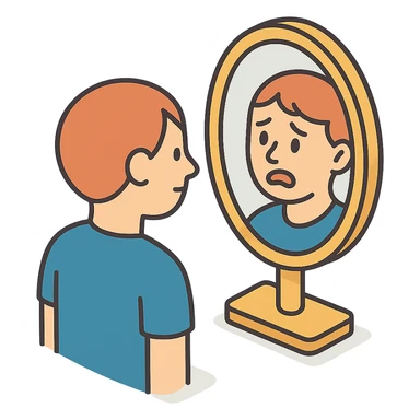 A mirror with a distorted reflection where the reflection appears more anxious or emotional. Style: 2D Isometric with clear shadows and highlights, transparent background. sticker