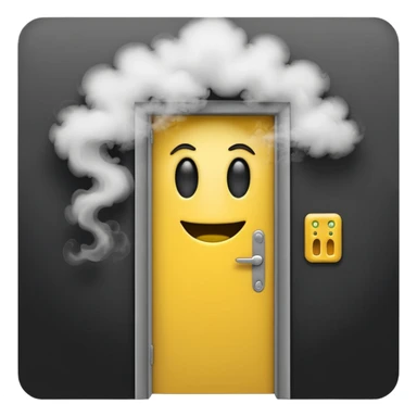Minimalist emoji-style sticker of a half-open door, with smoke and a single glowing eye visible in the dark inside. Flat design, desaturated colors.
 sticker