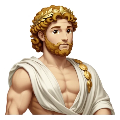 Cinematic Realistic Hercules Portrait, head tilted dramatically with an exaggeratedly amused expression, blending the fierce valor of the Hercules with the classic elegance of Michelangelo's David. His light tan skin and thick, curly, golden brown hair, rendered with meticulous classical detail, frame a face of heroic determination and playful charm. Clad in a gracefully draped white robe adorned with subtle golden embellishments and accented by a distinguished Greek laurel wreath, dynamic lighting accentuates both his formidable physical power and his approachable, spirited demeanor. sticker