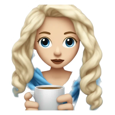 Blonde girl inside a blanket sipping coffee blue eyes open, big lips and cold blond hair   sticker