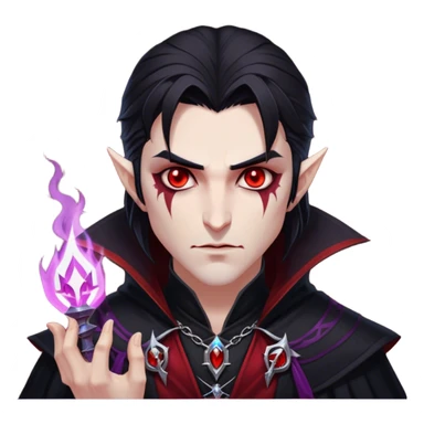 Cinematic Realistic WoW Vampire Mage Portrait, head tilted epicly and inquisitively, showcasing a commanding presence and ancient arcane mastery. His pallid skin and sleek dark hair are set against the intricately detailed black robe—with silver accents and mystical runes—that remains consistent in its shadowed elegance. His piercing crimson eyes blaze with forbidden power, rendered with dramatic, lifelike clarity and high shine, epic and awe-inspiring. sticker