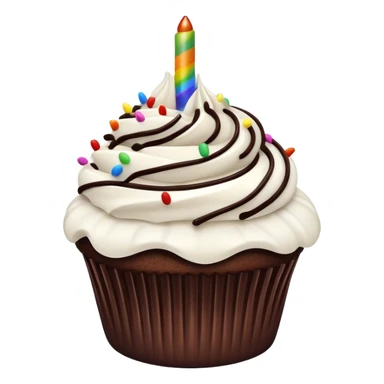 Chocolate cupcake with flat white frosting and chocolate drizzle with rainbow sprinkles sticker