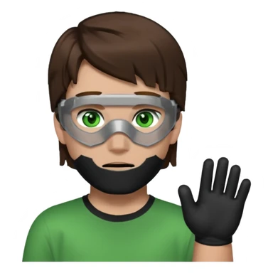 Chico de pelo marrón, ojos verdes y la mitad de la cara color gris ceniza. Con un cubre bocas negro, que tiene una camisa verde por encima de una remera blanca, y tiene un guante negro en una sola de las manos. Estilo minecraft sticker