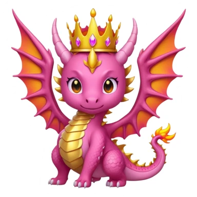 cute pink dragon queen breathing fire, golden crown, big wings, glowing eyes, pink and orange flames, epic kawaii fantasy style, bold outline, high contrast, transparent background, twitch badge sticker