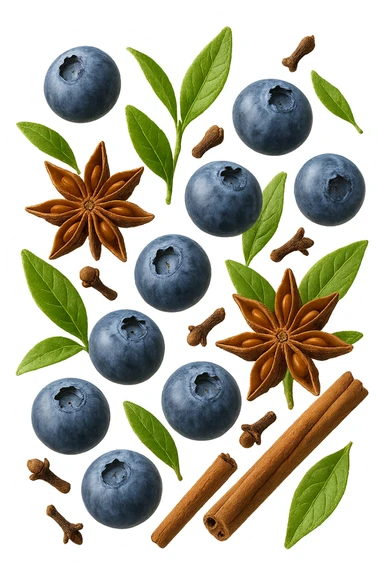 mirtilli, thè verde, spezie, fluttuano in aria, iperrealistico 4k sticker