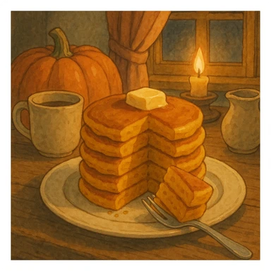 stack of pumpkin pancakes with a piece cut out, cozy sticker