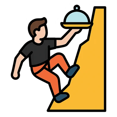 A guy rock climbing on a steep cliff in a black t-shirt with a waiter's tray in his hand sticker