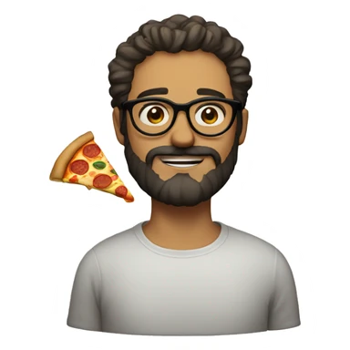 bearded guy with round glasses with a pizza sticker