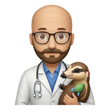 A bald veterinarian with a beard and glasses, mustache holding an the animal is "anteater" oso hormiguero  sticker