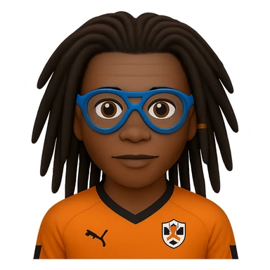 Edit the image to make the hair darker and less spiky while keeping the signature dreadlocks and sports goggles. Change the blue elements in the Netherlands football shirt to black. Preserve the Apple emoji style and maintain a transparent background. sticker