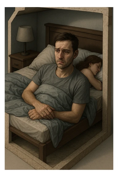 Vertical, hyper-realistic 3D cutaway illustration: uomo con difficoltà con la propria compagna nel letto, faccia depressa sticker